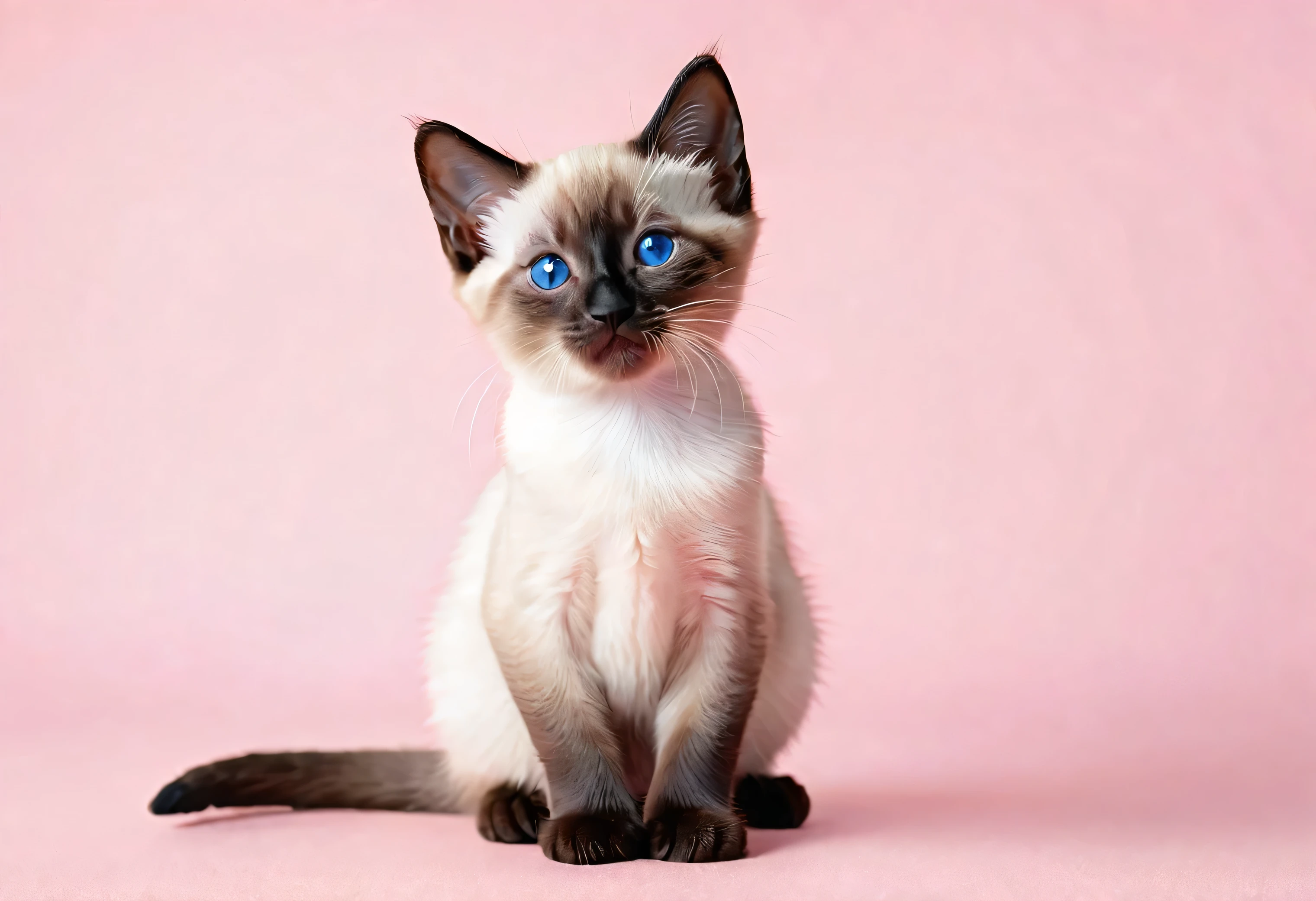  A cute Siamese kitten sitting on a solid pastel pink background with space above for text