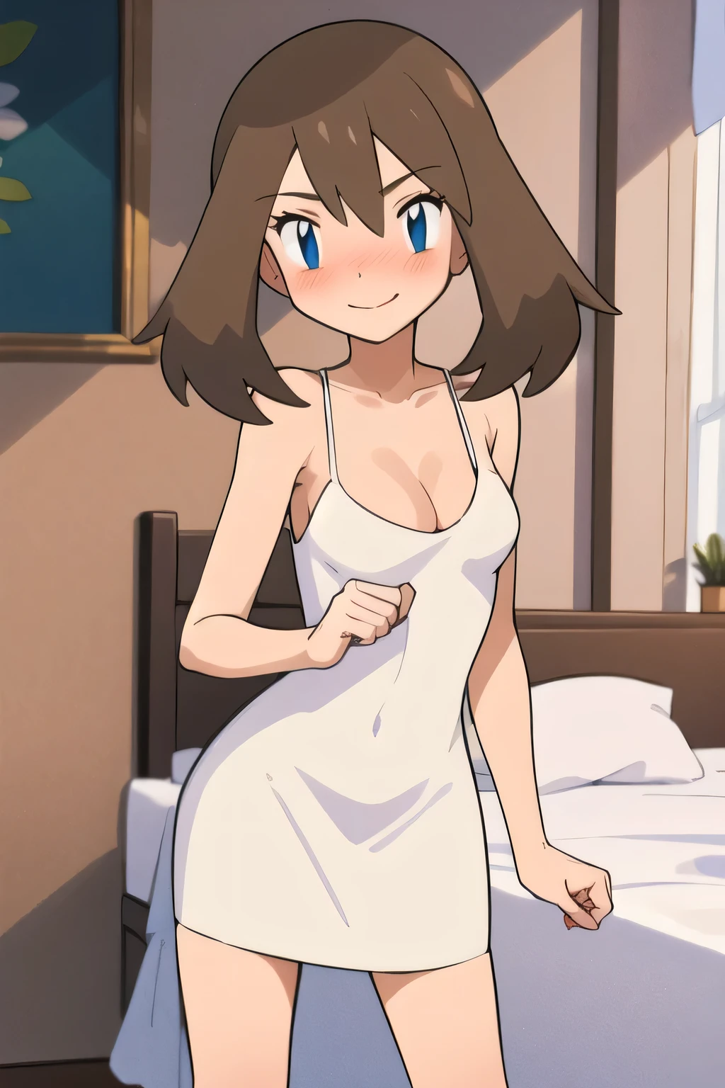 masterpiece, best quality, highres, 1girl, may (pokemon), blush, seductive, bare neck, smile, little white sleeveless dress, bedroom, cleavage, standing