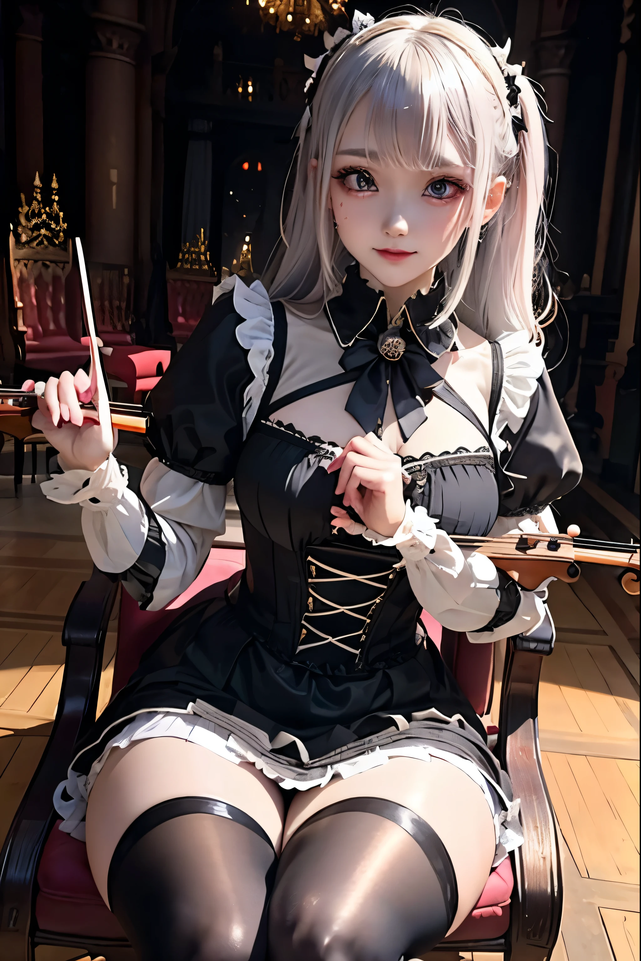 Hard Dark Gothic Makeup、Deep Night Sky、Horror、Black dark eyeshadow、sad、Good skin radiance、Dark Gothicメイク、Dark smile、palace、24-years-old、Embarrassed look、Dark Gothic、Obscene language、highest quality、Drunk face、紫のMaid clothes、Mysterious、Noble、sexy、Loving smile、Right blue eye, Left eye is red、Platform Heel Shoes、Heavy makeup、Gothic ta Clothing、Silver Hair、Long Hair Straight Hair、Cute Gothic Loliress、Beautiful Face、elegant features、Fascinating face、Stained glass is the background、Chest glistening with sweat、The room is dark、gothic long dress、Bell Sleeves、Wizard Sleeve、Decadent look、Sexually excited expression、Glossy thighs wet with water、Thighs that are wet and shiny with oil、Background of a room full of roses、The embroidery is pink、The dress has pink embroidery、Thigh-high socks、Knee-high socks、Gentle expression、Dark black eyeshadow、Stained glass and rose background、Female Duo、Female couple、dark church background、Stained glass、Black metal world、Dark Castle、Slender body、gothic long dress、Maid clothes、Victorian dresses、Her thighs glisten with sweat、My body is wet and shiny、Lots of glitter on the thighs、My thighs are sticky from sweating、Sweat glistens on the thighs, The whole body is sweaty and shiny、Quite sweaty、My thighs are sweaty、My thighs are so wet、My thighs are shining with sweat、A lot of sweat glistens all over the body、Small breasts、Orchestra StageStage、Dynamic Angle、sitting on a gothic chair、Play the violin gracefully、With a violin、Press the violin strings、violinist、orchestra performance、Thin thighs、slender、Violin body and strings、Sit on a chair、pantyhose、