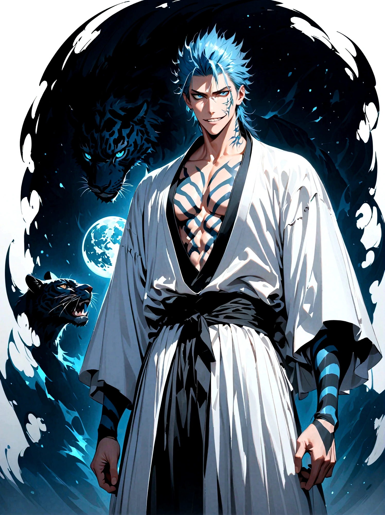 Grimmjow Jaegerjaques, Bleach, 1boy, male focus, extremely detailed eyes and face, sharp jawline, spiky blue hair, panther-like grin, loose fitting white clothes, blue and black markings, standing in Las Noches, Hueco Mundo, large white domes, desolate, moonlit night, sci-fi, wide-angle view, ultra-fine painting, vivid colors, studio lighting, physically-based rendering, sharp focus, extreme detail description, professional, bokeh, HDR, UHD