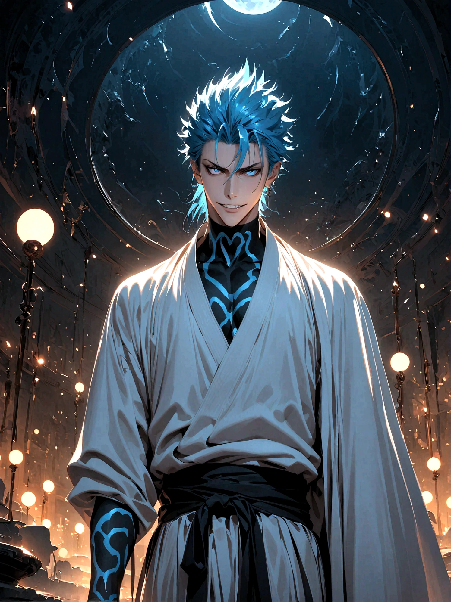Grimmjow Jaegerjaques, Bleach, 1boy, male focus, extremely detailed eyes and face, sharp jawline, spiky blue hair, panther-like grin, loose fitting white clothes, blue and black markings, standing in Las Noches, Hueco Mundo, large white domes, desolate, moonlit night, sci-fi, wide-angle view, ultra-fine painting, vivid colors, studio lighting, physically-based rendering, sharp focus, extreme detail description, professional, bokeh, HDR, UHD