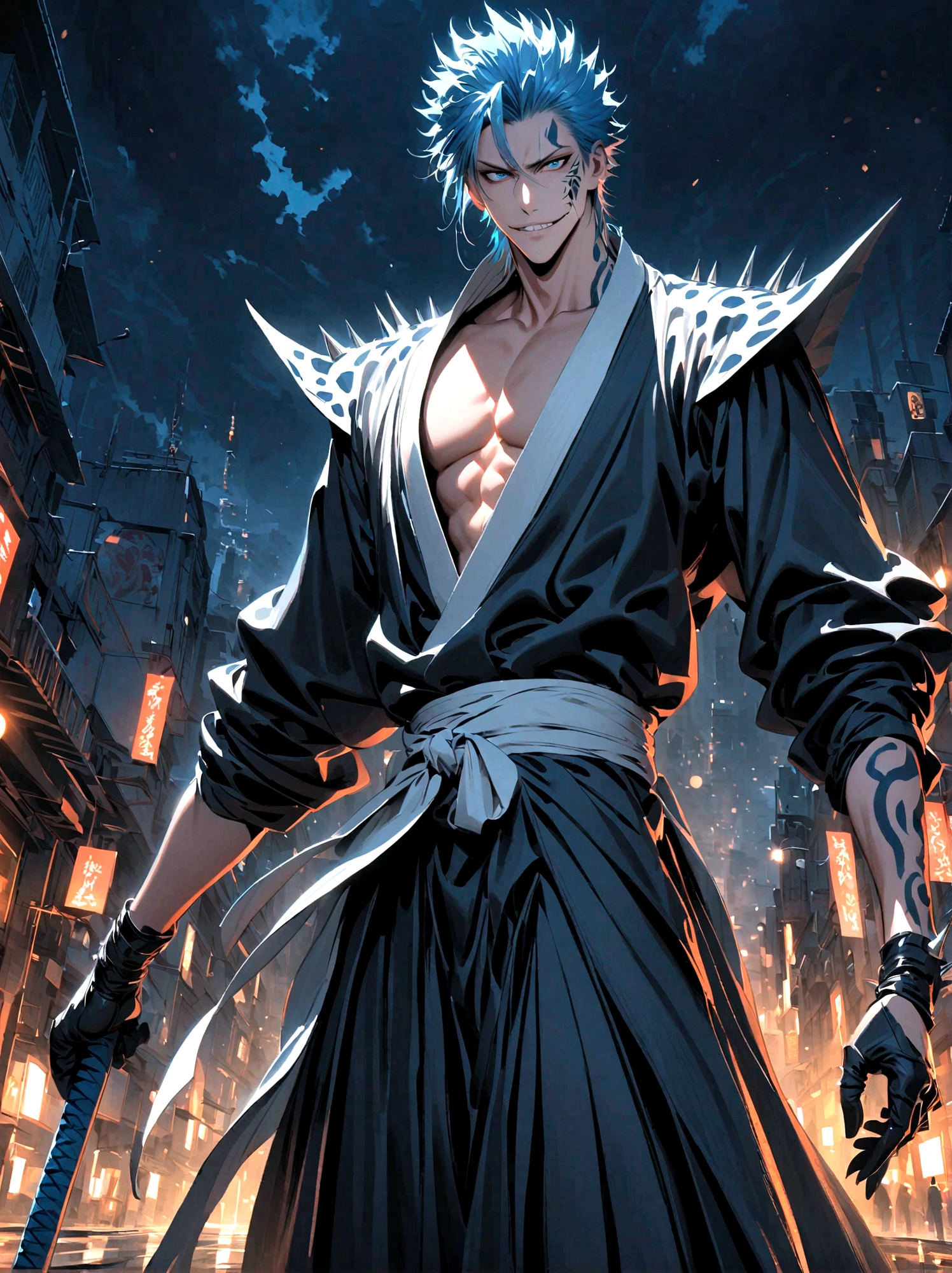Grimmjow Jaegerjaques, Bleach, 1boy, male focus, extremely detailed eyes and face, sharp jawline, spiky blue hair, panther-like grin, loose fitting white clothes, blue and black markings, standing in Las Noches, Hueco Mundo, large white domes, desolate, moonlit night, sci-fi, wide-angle view, ultra-fine painting, vivid colors, studio lighting, physically-based rendering, sharp focus, extreme detail description, professional, bokeh, HDR, UHD