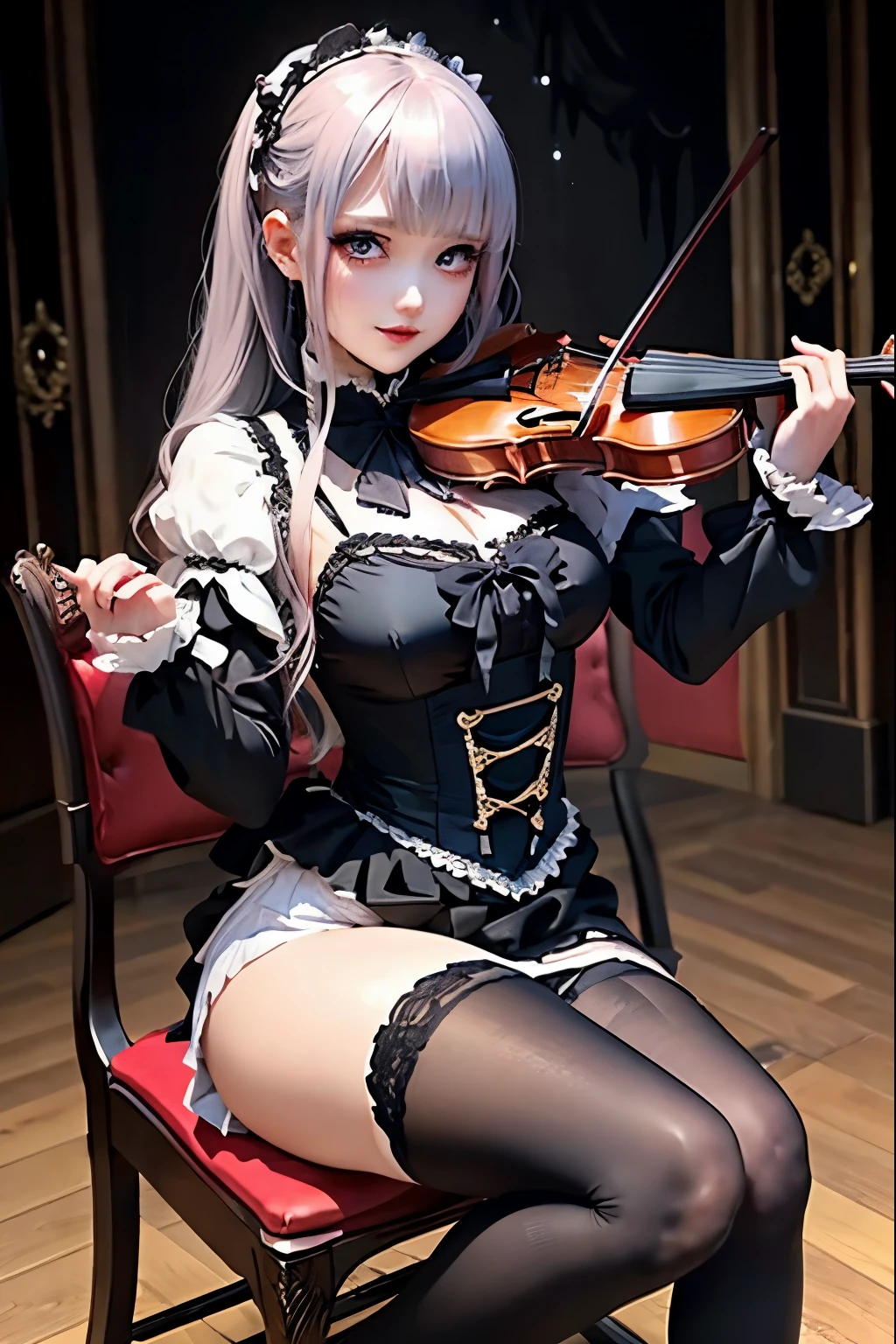 ハードDark Gothicメイク、Deep Night Sky、Horror、Black dark eyeshadow、sad、Good skin radiance、Dark Gothicメイク、Dark smile、palace、24-years-old、Embarrassed look、Dark Gothic、Obscene language、highest quality、Drunk face、紫のMaid clothes、Mysterious、Noble、sexy、Loving smile、Right blue eye, Left eye is red、Platform Heel Shoes、Heavy makeup、Gothic Lolita Clothing、Silver Hair、Long Hair Straight Hair、Cute Gothic Lolita Dress、Beautiful Face、elegant features、Fascinating face、Stained glassが背景、Chest glistening with sweat、The room is dark、gothic long dress、Bell Sleeves、Wizard Sleeve、Decadent look、Sexually excited expression、Glossy thighs wet with water、Thighs that are wet and shiny with oil、Background of a room full of roses、The embroidery is pink、The dress has pink embroidery、Thigh-high socks、Knee-high socks、Gentle expression、Dark black eyeshadow、Stained glassと薔薇背景、Female Duo、Female couple、dark church background、Stained glass、Black metal world、Dark Castle、Slender body、gothic long dress、Maid clothes、Victorian dresses、Her thighs glisten with sweat、My body is wet and shiny、Lots of glitter on the thighs、My thighs are sticky from sweating、Sweat glistens on the thighs, The whole body is sweaty and shiny、Quite sweaty、My thighs are sweaty、My thighs are so wet、My thighs are shining with sweat、A lot of sweat glistens all over the body、Small breasts、Orchestra StageStage、Dynamic Angle、sitting on a gothic chair、Play the violin gracefully、With a violin、Press the violin strings、violinist、orchestra performance、Thin thighs、slender、Violin body and strings、Sit on a chair、pantyhose、