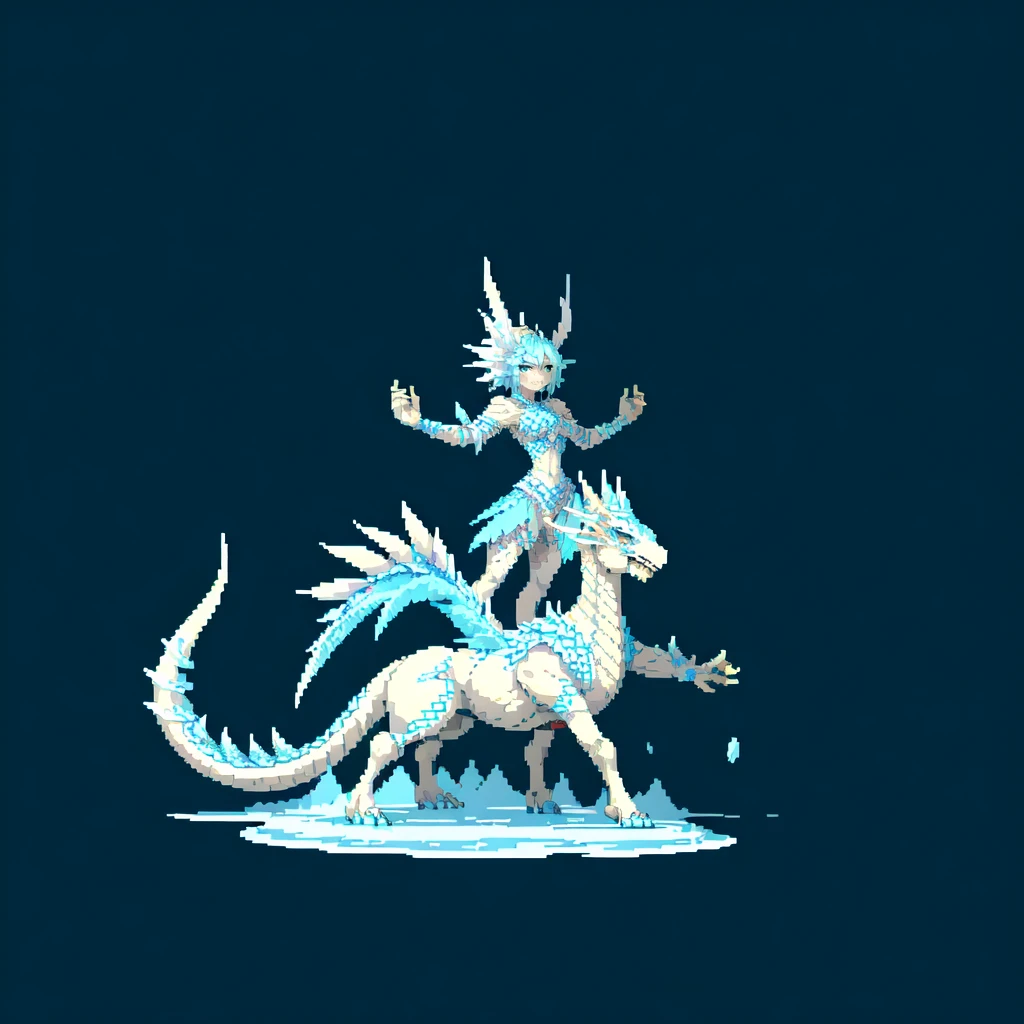 (masterpiece, top quality, best quality), pixel,pixel art,an ice dragon on top of hill,frost field,fullbody