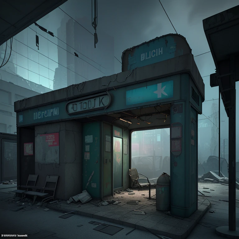 there is a small shelter with a chair in the middle of it, dark city bus stop, soviet bus stop, abandoned bus stop, cyberpunk bus stop, bus stop, with 3 d render, with 3d render, post apocalyptic police station, temporary emergency shelter, abandoned night hangar, post apocalyptic building, bus station, subway station, containment pod, silent hill concept art