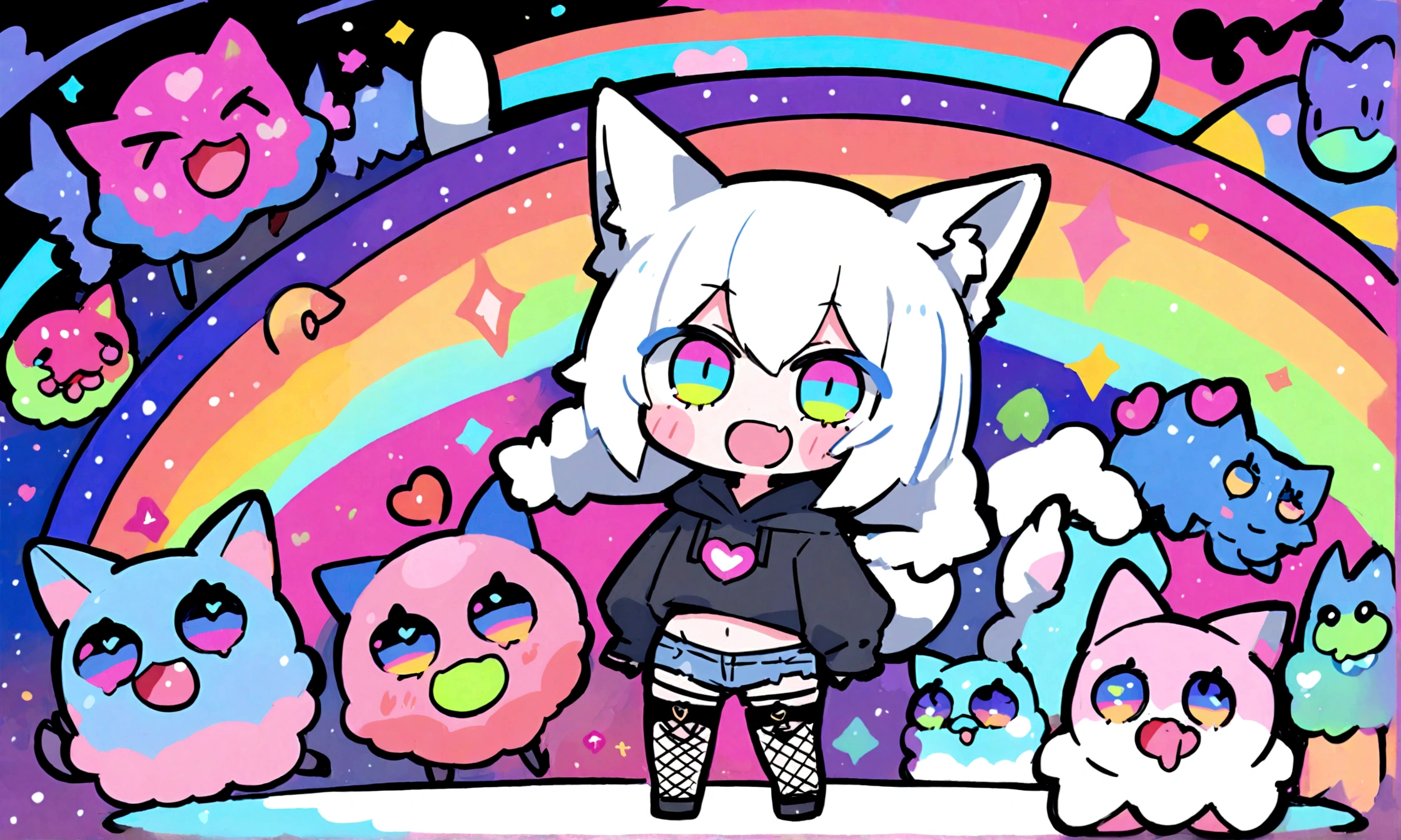 a cute chibi style adult male with wolf ears, white hair, has a wolf tail, wearing a loose cropped oversized black hoodie, wearing a pair of denim short shorts and fishnet stockings, thick thighs, wide hips, dancing on mound of fluffy multi colored kawaii plushies, short, very slim, showing slender tummy, heart on hoodie, squishy thighs, has glowing blue eyes. alone, solo (ALONE)(SOLO), surrounded by rainbows, colorful galaxy backround, big happy open mouthed smile on his face