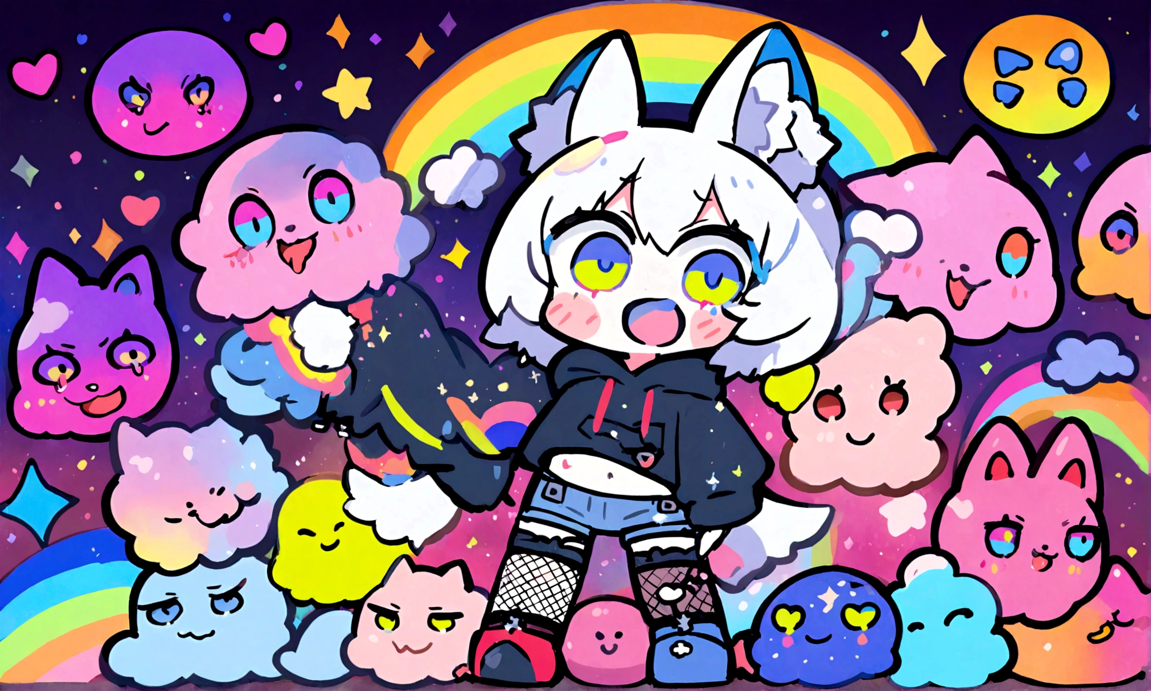 a cute chibi style adult male with wolf ears, white hair, has a wolf tail, wearing a loose cropped oversized black hoodie, wearing a pair of denim short shorts and fishnet stockings, thick thighs, wide hips, dancing on mound of fluffy multi colored kawaii plushies, short, very slim, showing slender tummy, heart on hoodie, squishy thighs, has glowing blue eyes. alone, solo (ALONE)(SOLO), surrounded by rainbows, colorful galaxy backround, big happy open mouthed smile on his face