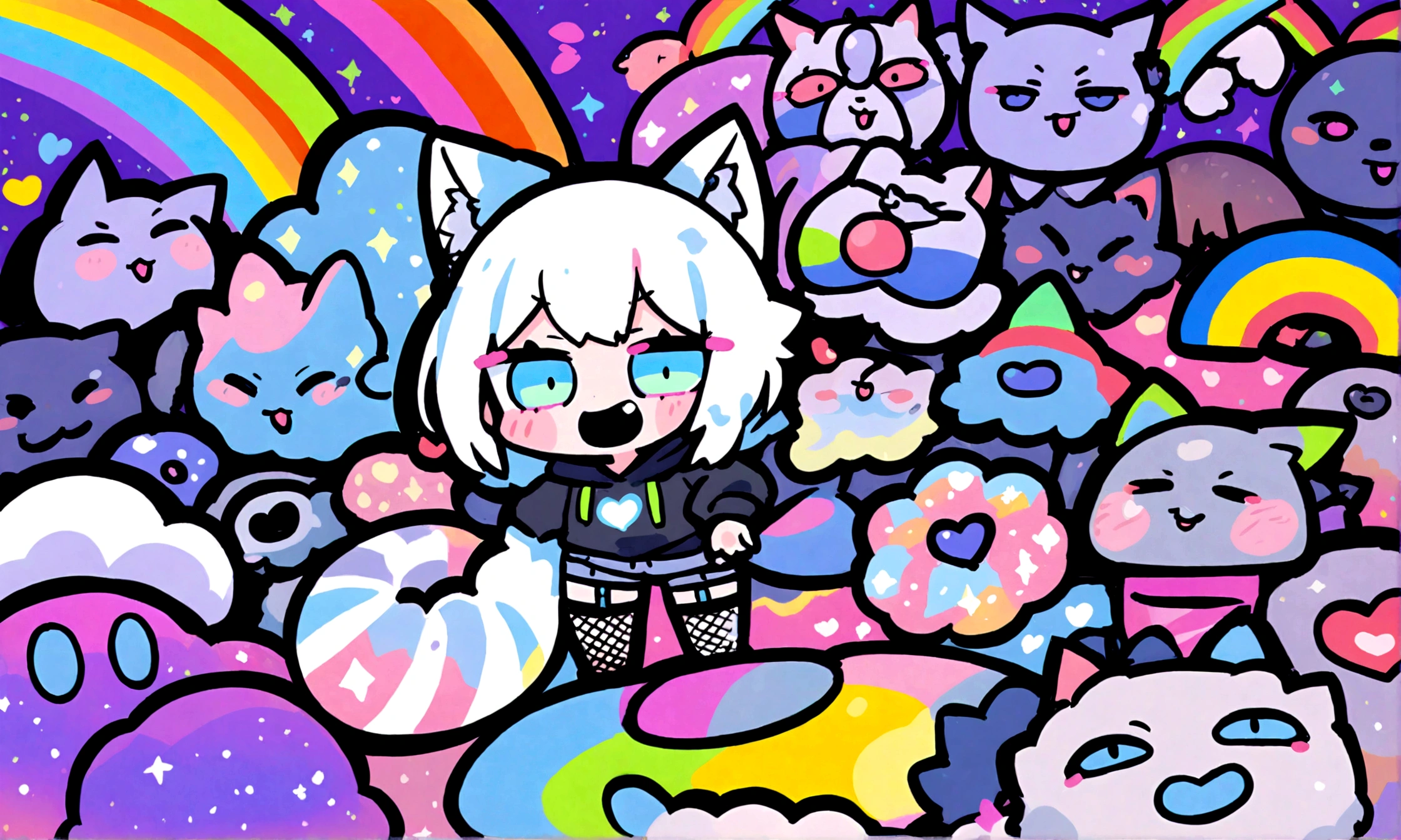 a cute chibi style adult male with wolf ears, white hair, has a wolf tail, wearing a loose cropped oversized black hoodie, wearing a pair of denim short shorts and fishnet stockings, thick thighs, wide hips, dancing on mound of fluffy multi colored kawaii plushies, short, very slim, showing slender tummy, heart on hoodie, squishy thighs, has glowing blue eyes. alone, solo (ALONE)(SOLO), surrounded by rainbows, colorful galaxy backround, big happy open mouthed smile on his face