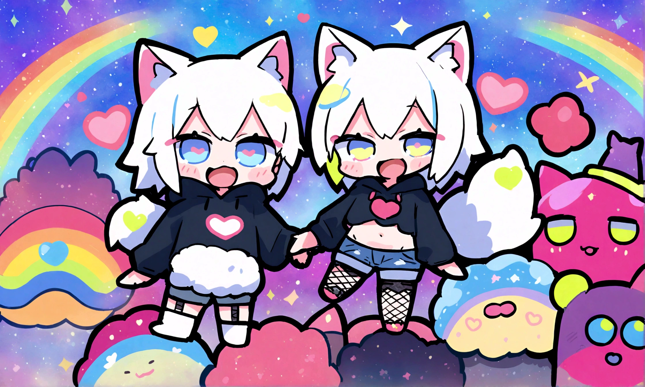 a cute chibi style adult male with wolf ears, white hair, has a wolf tail, wearing a loose cropped oversized black hoodie, wearing a pair of denim short shorts and fishnet stockings, thick thighs, wide hips, dancing on mound of fluffy multi colored kawaii plushies, short, very slim, showing slender tummy, heart on hoodie, squishy thighs, has glowing blue eyes. alone, solo (ALONE)(SOLO), surrounded by rainbows, colorful galaxy backround, big happy open mouthed smile on his face