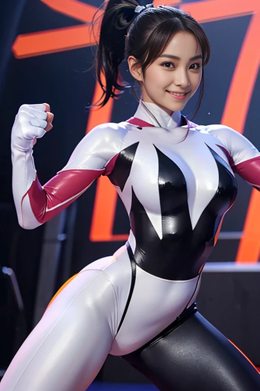 Arafe woman solo with ponytail hair、Fighting Game Fighter、Fitness Model、Big breasts about to burst、No exposed skin、Metallic orange fighting suit、thin and long legs,、Fitness Body Shape、half-pants、White belt、Pose ready to fight、Mischievous smile