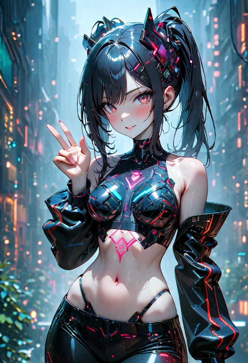 beautiful Cybernetics girl wearing a Futuristic Hair accessories, (Delicate skin), Pale skin, black crop top made of circuit boards, Navel tattoo, sexy Futuristic cyberpunk underpants, on branch, v, Japanese words with glitter effect, cyberpunk background,Sensual, is attractive, (masterpiece:1.3), (best quality:1.3), (ultra detailed:1.3), 8k, extremely clear