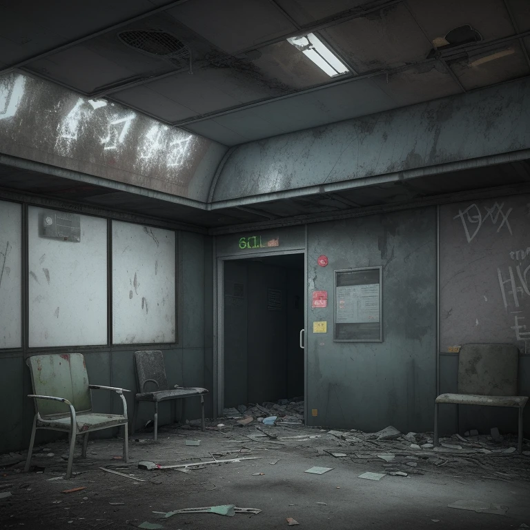 there is a small shelter with a chair in the middle of it, dark city bus stop, soviet bus stop, abandoned bus stop, cyberpunk bus stop, bus stop, with 3 d render, with 3d render, post apocalyptic police station, temporary emergency shelter, abandoned night hangar, post apocalyptic building, bus station, subway station, containment pod, silent hill concept art