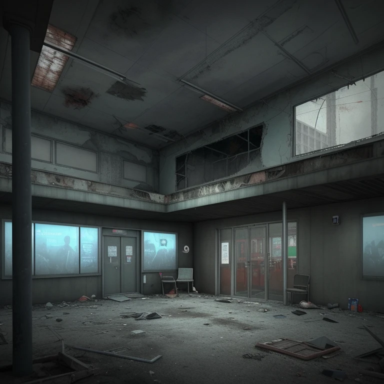 there is a small shelter with a chair in the middle of it, dark city bus stop, soviet bus stop, abandoned bus stop, cyberpunk bus stop, bus stop, with 3 d render, with 3d render, post apocalyptic police station, temporary emergency shelter, abandoned night hangar, post apocalyptic building, bus station, subway station, containment pod, silent hill concept art