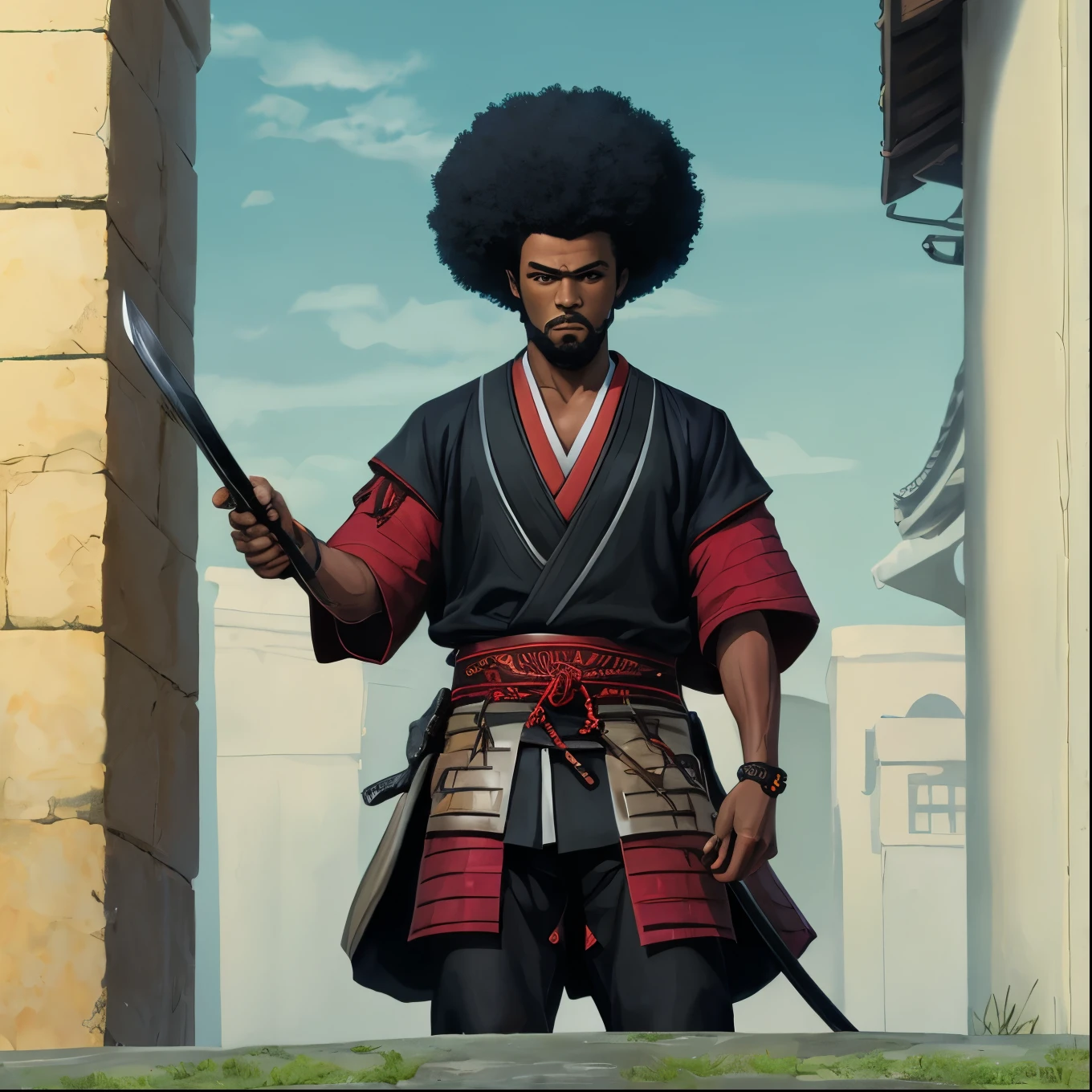 um desenho de um homem em um manto segurando uma espada, samurai com afro, samurai com afro, homem negro - 
