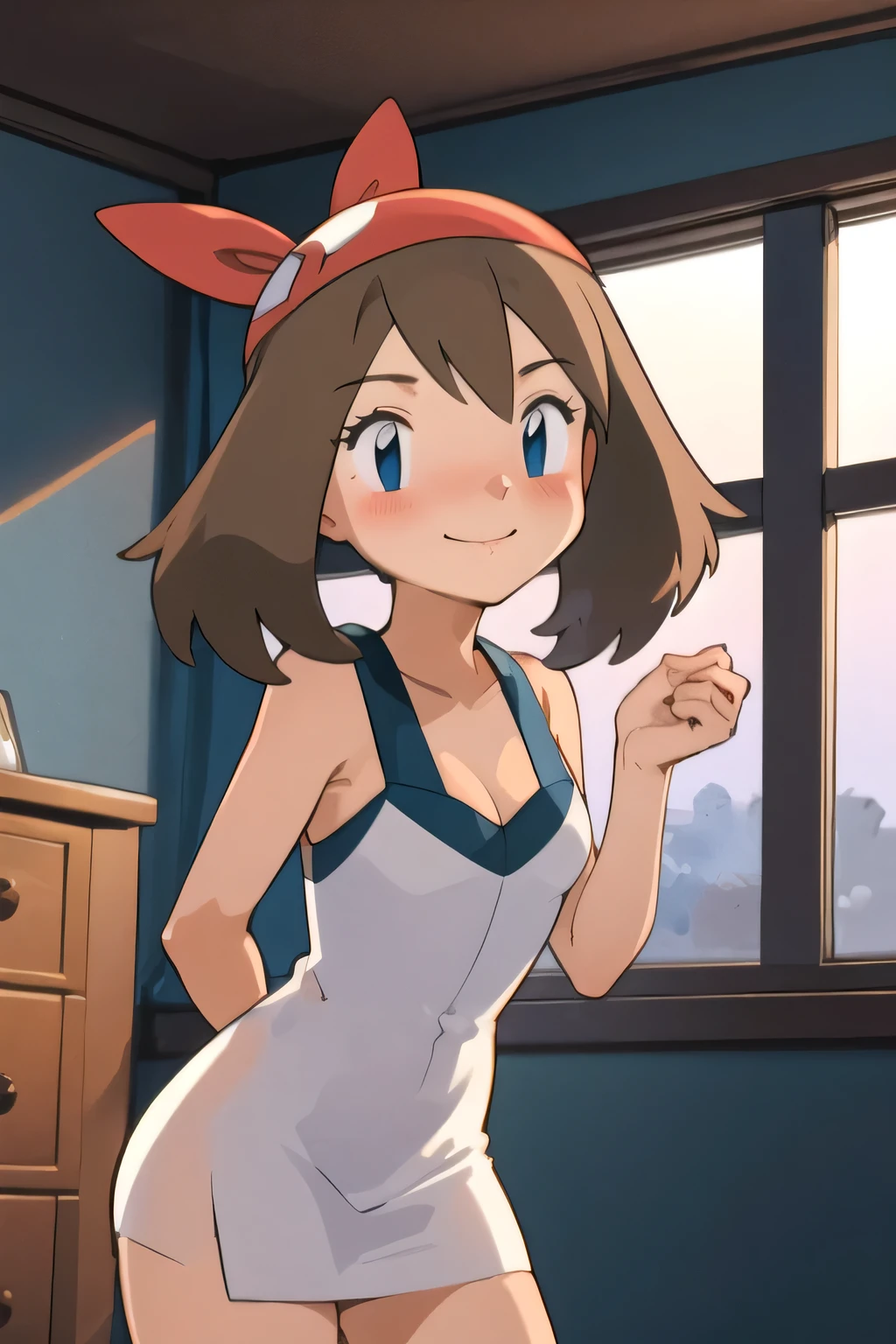 masterpiece, best quality, highres, 1girl, may (pokemon), blush, seductive, bare neck, smile, little white sleeveless dress, bedroom, cleavage, standing
