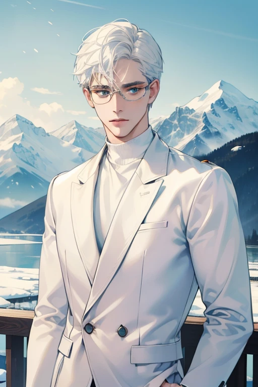 ((Masterpiece, Highest Quality)), Detailed Face, 1male, white sweater, turquoise eyes, (((Top Quality))), Short hair, Shaved whiskey,Spits, white colored hair, Stylish glasses,Background of the mountains, ice