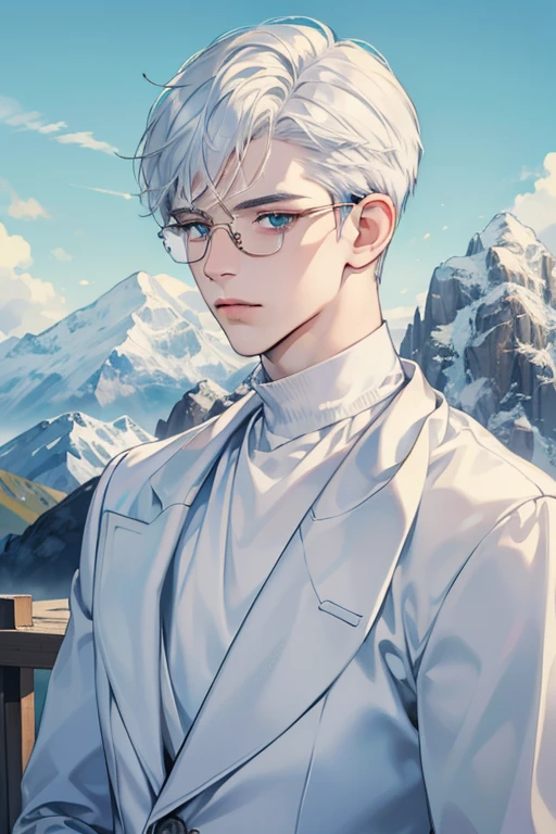 ((Masterpiece, Highest Quality)), Detailed Face, 1male, white sweater, turquoise eyes, (((Top Quality))), Short hair, Shaved whiskey,Spits, white colored hair, Stylish glasses,Background of the mountains, ice