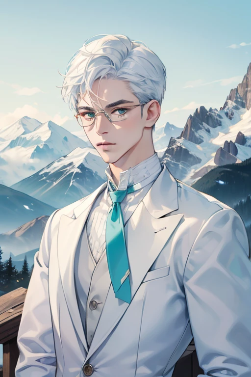 ((Masterpiece, Highest Quality)), Detailed Face, 1male, white sweater, turquoise eyes, (((Top Quality))), Short hair, Shaved whiskey,Spits, white colored hair, Stylish glasses,Background of the mountains, ice