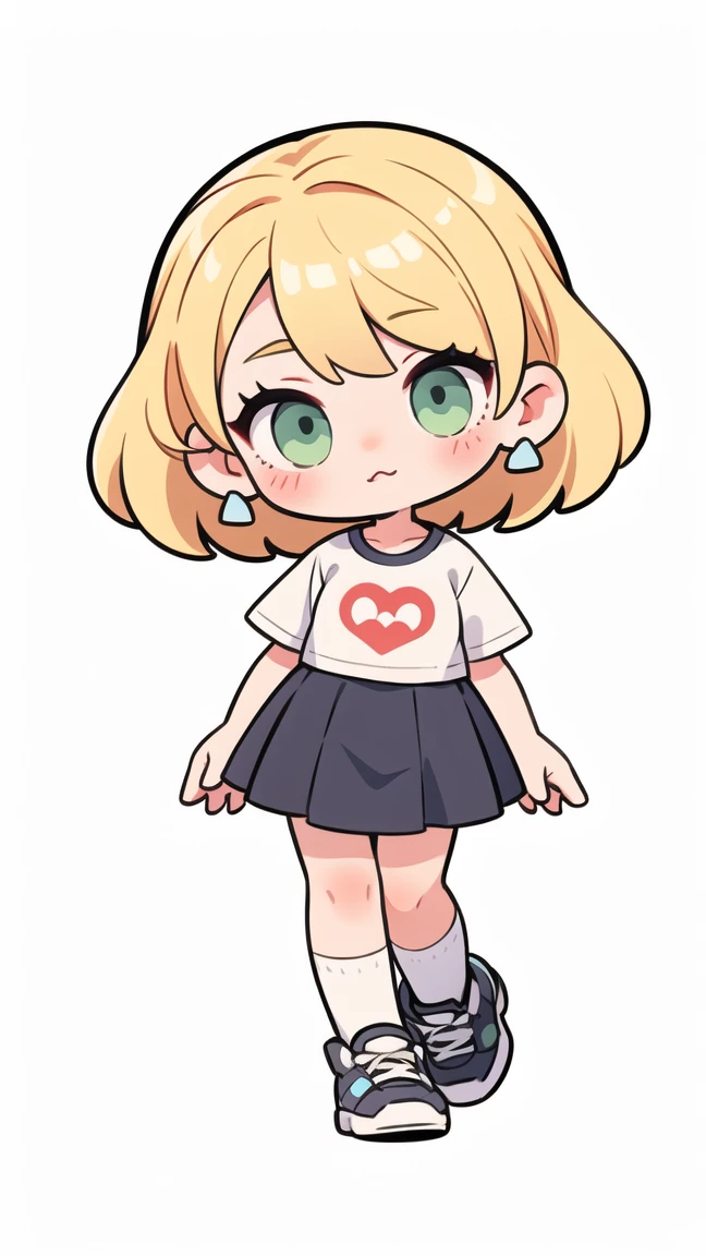 simple chibi style drawing of a cute girl making a cute face, wearing a shirt and a short skirt and shoes, blonde hair and green eyes, perfect hands