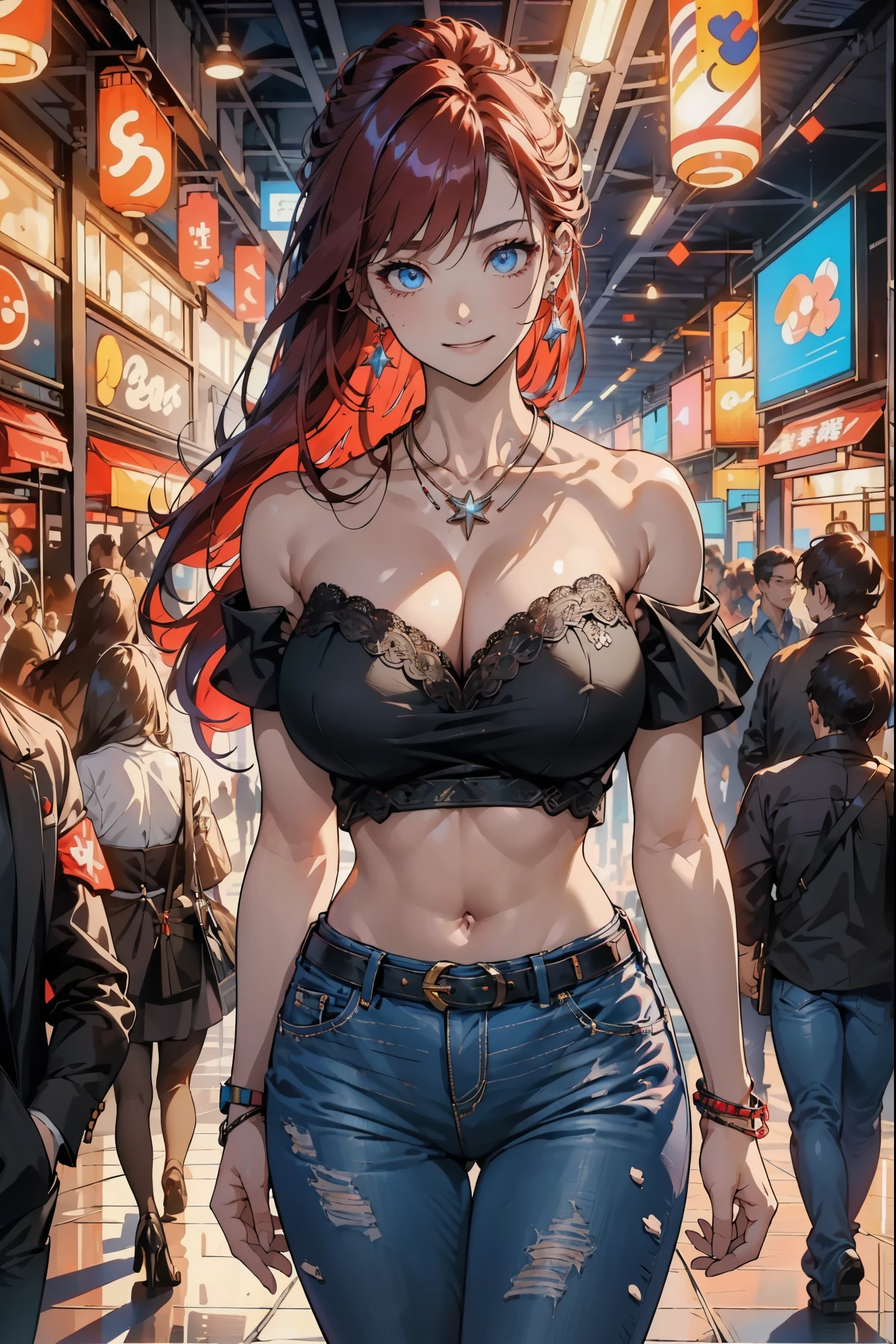 (masterpiece:1.2), (best quality:1.2), Perfect eyes, Perfect face, Perfect lighting, 1 boy, aldult, Smile, Long red hair, Straight Hair, Exquisite hairstyle, fashionable, One-piece off-shoulder long shirt, Strip printing, Jewelry, necklace, earrings, armband, Lace necklace, belt, Low-rise black jeans, Thick eyelashes, cosmetic, Eyeshadow, Detailed shopping mall background, crowd,glowing crack, skin breakdown, broken skin, Skin damage, broken skin,huge , Crazy breast swelling, Chest larger than shoulder blades, Big breasts and thin waist，(huge breasts:1.2)，Hydrated skin（（rogue））（（非常huge乳房）），（（Grooves reveal original skin））