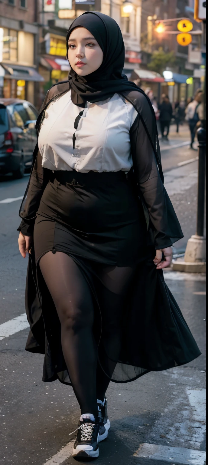 Milky white skin woman in black dress and hijab walking down the street, , hijab outfit, , hijab fashion model, plus size, plus size woman, , woman in black robes, beautiful woman, thicc, black outfit,, bbwchan , white sneakers , Height 170 cm, beautiful woman, with a beautiful appearance, a very beautiful masterpiece, a masterpiece of art, good lighting, Bright colors, Clean lines