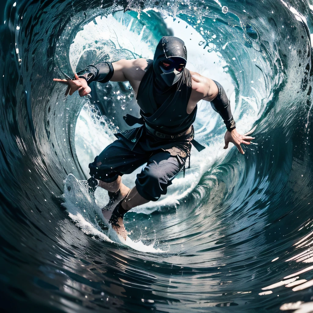 raw photo , 8K, ultra detailed, (realistic:1.2), (1man, ninja, masked:1.4), 30yo,(dynamic, fullbody shot),(wave:1.4), 