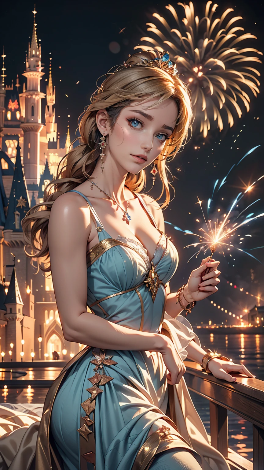 24 year old Caucasian female、Blue delicate eyes,Sexy proportions、Provocative facial expression、Cleavage Emphasis、Disney、Cinderella 1 person、cinderella castle background、Fireworks are going up