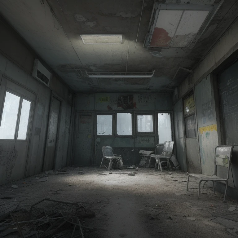 there is a small shelter with a chair in the middle of it, dark city bus stop, soviet bus stop, abandoned bus stop, cyberpunk bus stop, bus stop, with 3 d render, with 3d render, post apocalyptic police station, temporary emergency shelter, abandoned night hangar, post apocalyptic building, bus station, subway station, containment pod, silent hill concept art