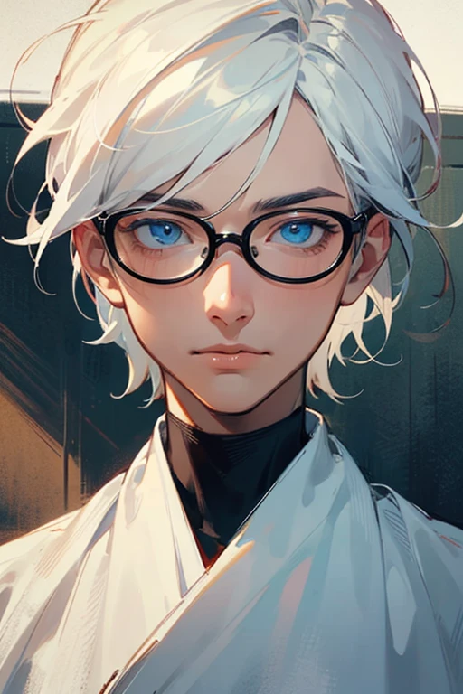 ((best quality)), ((masterpiece)), (detailed), perfect face of a guy with white hair , blue eyes wearing eyeglases