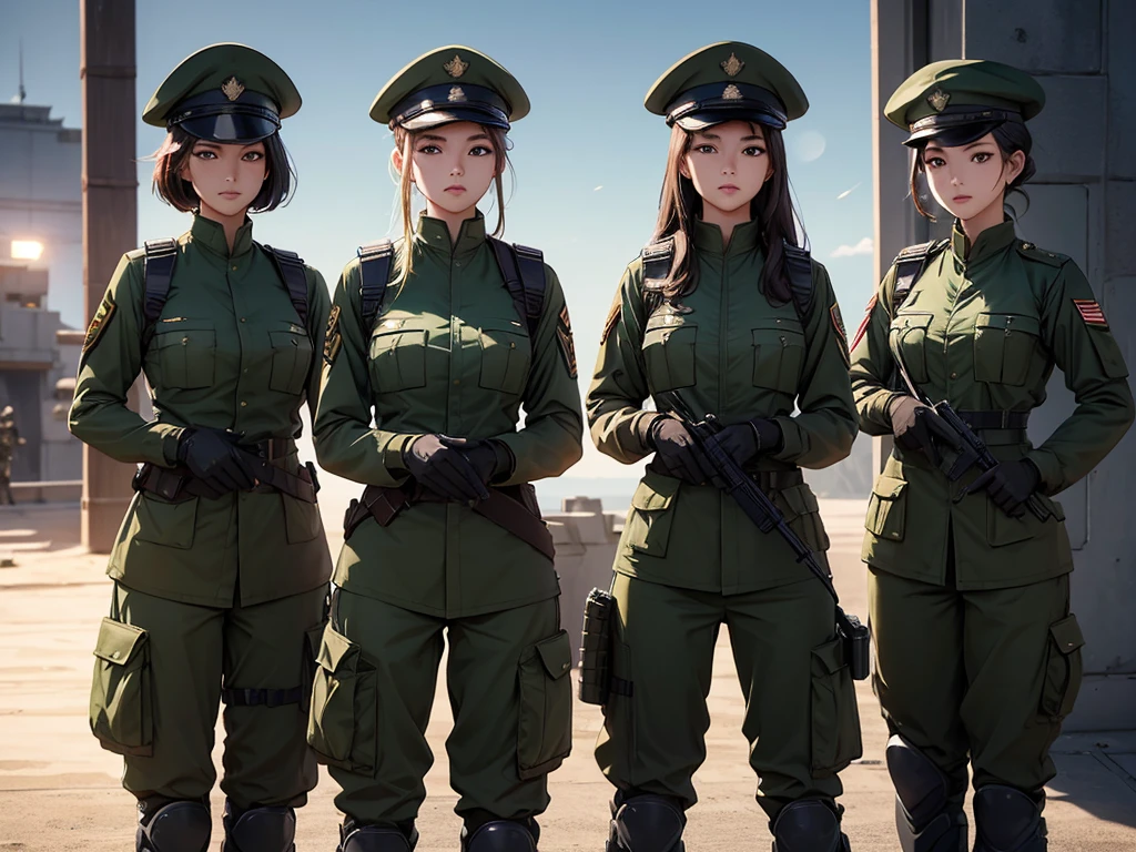 Four female armored soldiers wearing hats stand at attention，Wear dark green combat uniform、The same posture、military trousers、Military base entrance，Write details、masterpiece、best quality、Highly detailed CG、8K picture quality、theater lighting、lens flare