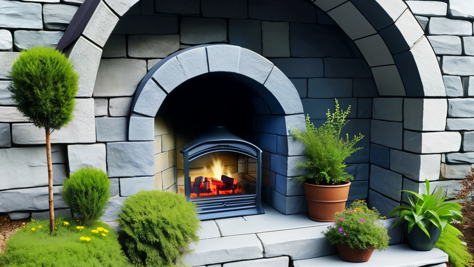 (Best quality), (Masterpiece), a cozy hobbit's cottage shelter in a low Cave with a Colorful gravel Fireplace, outside a large window Glass Door on one wall with a rainy landscape, a room with colorful gravel Round bricks, a mysterious and fairy-tale atmosphere, vases and plants, a fluffy wool Blanket on the floor, ladder bed