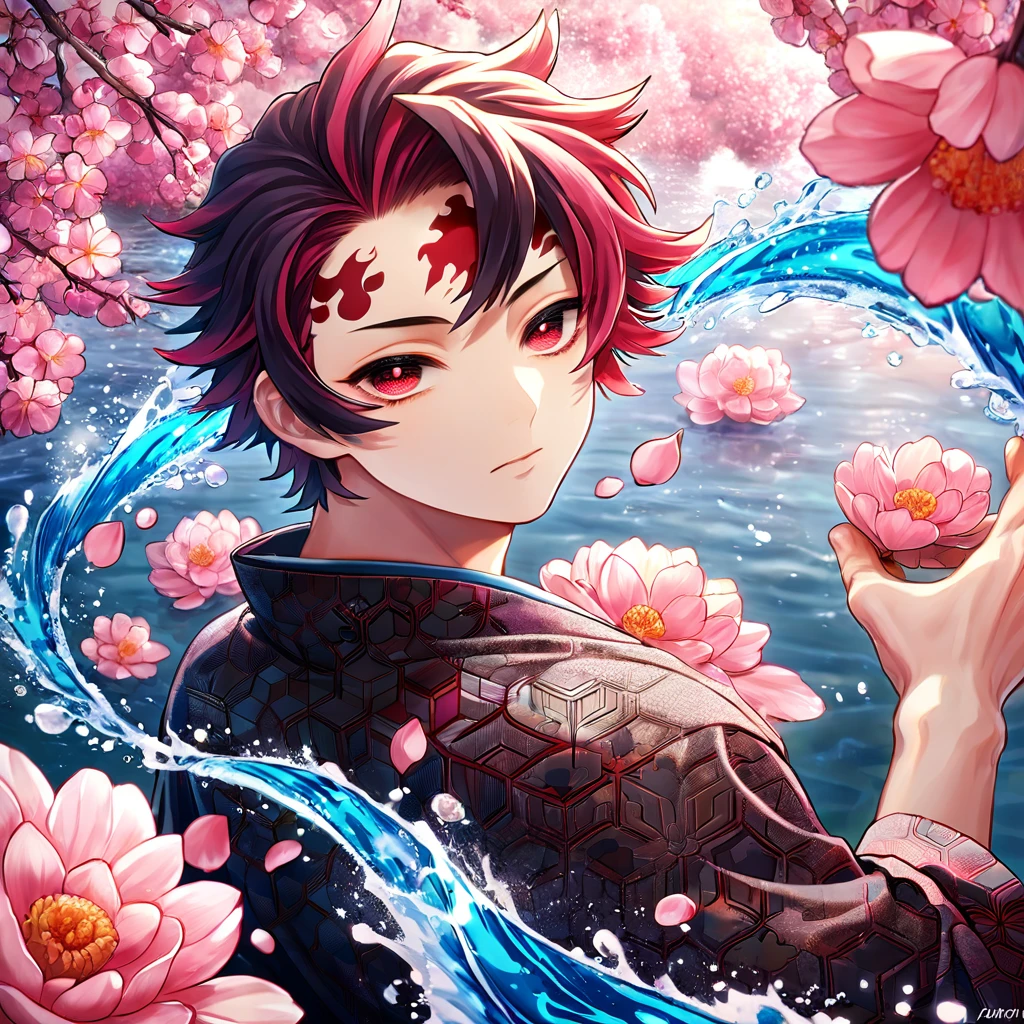 absurdres, highres, ultra detailed, HDR, master piece, best quality, Kamado Tanjiro, red burgundy hair, short hair ruffled back, expressive red eyes, kimetsu no yaiba, solo, sexy man, handsome, red mark on the forehead, black kimono, patterns, water, pink flowers, pink blossoms, pink butterflies, pink petals