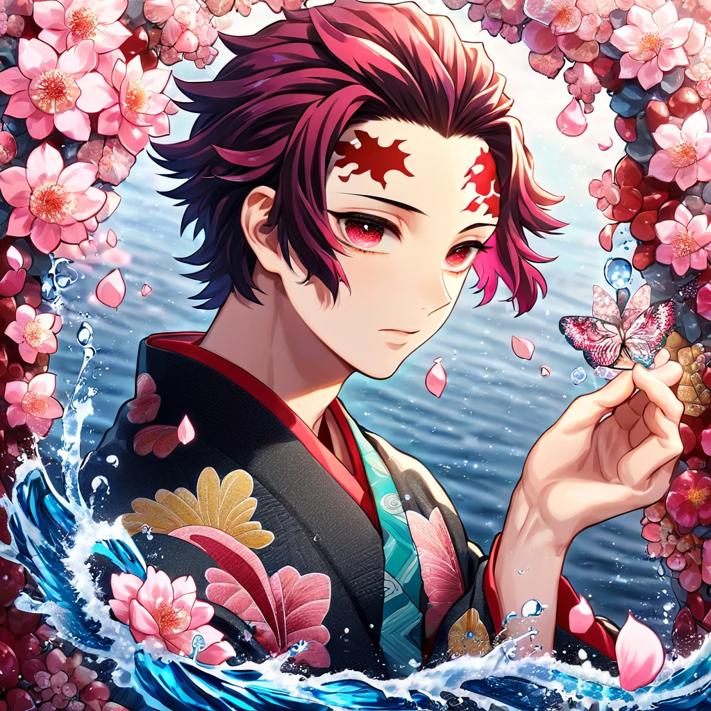 absurdres, highres, ultra detailed, HDR, master piece, best quality, Kamado Tanjiro, red burgundy hair, short hair ruffled back, expressive red eyes, kimetsu no yaiba, solo, sexy man, handsome, red mark on the forehead, black kimono, patterns, water, pink flowers, pink blossoms, pink butterflies, pink petals