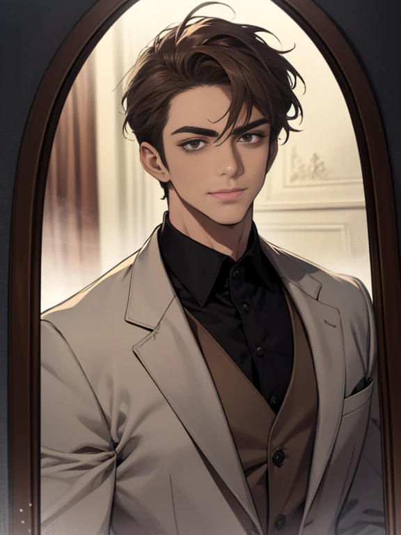 Masterpiece, Best quality, Realistic, 1 person, Mature male, Quiet and charming young man, 25 age old, Serious look, Closed mouth, Portrait, Extremely detailed face, cold smile, ((dark gray eyes)), ((Right sweep short dark brown hair)), [Thick eyebrows], ((suit)), Handsome, full bodyesbian, Western, Jewish, Light brown skin,Stand in front of the mirror，Organize your clothes