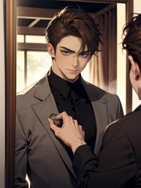 Masterpiece, Best quality, Realistic, 1 person, Mature male, Quiet and charming young man, 25 age old, Serious look, Closed mouth, Portrait, Extremely detailed face, cold smile, ((dark gray eyes)), ((Right sweep short dark brown hair)), [Thick eyebrows], ((suit)), Handsome, full bodyesbian, Western, Jewish, Light brown skin,Stand in front of the mirror，Organize your clothes