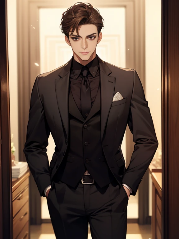 Masterpiece, Best quality, Realistic, 1 person, Mature male, Quiet and charming young man, 25 age old, Serious look, Closed mouth, Portrait, Extremely detailed face, cold smile, ((dark gray eyes)), ((Right sweep short dark brown hair)), [Thick eyebrows], ((suit)), Handsome, full bodyesbian, Western, Jewish, Light brown skin,Stand in front of the mirror，Organize your clothes
