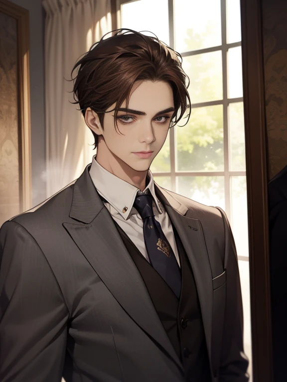 Masterpiece, Best quality, Realistic, 1 person, Mature male, Quiet and charming young man, 25 age old, Serious look, Closed mouth, Portrait, Extremely detailed face, cold smile, ((dark gray eyes)), ((Right sweep short dark brown hair)), [Thick eyebrows], ((suit)), Handsome, full bodyesbian, Western, Jewish, Light brown skin,Stand in front of the mirror，Organize your clothes