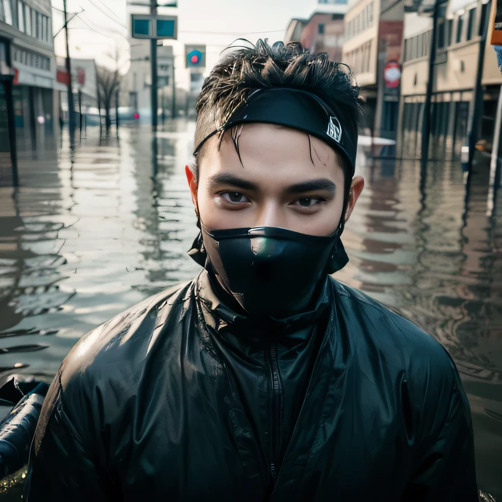 raw photo , 8K, ultra detailed, (realistic:1.2), (1man, ninja, masked:1.4), 30yo,(flood:1.4),