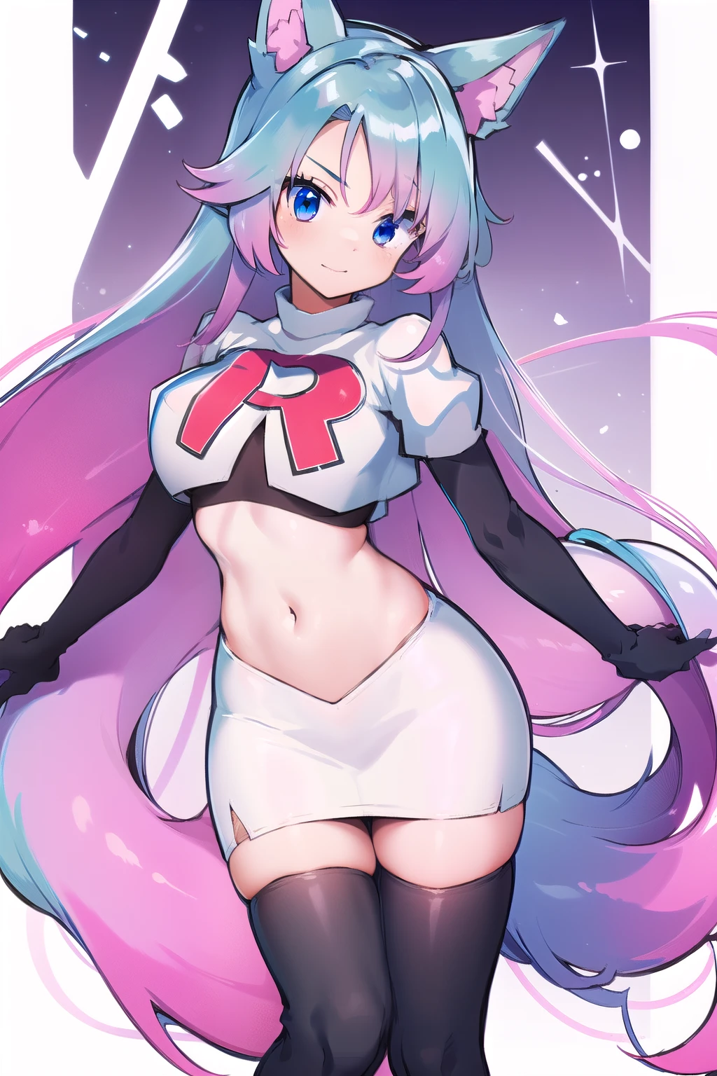 pixel-Silvervale 1girl, team rocket,team rocket uniform,white skirt,red letter R,crop top,black thigh-highs,black elbow gloves, masterpiece, best quality