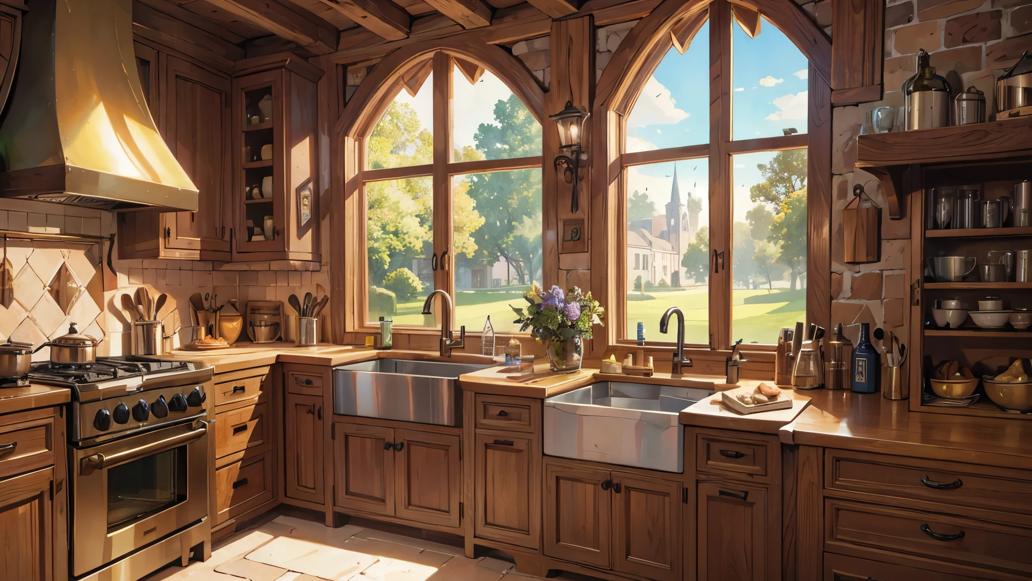 Medieval European luxury kitchens,There is a big window,bright