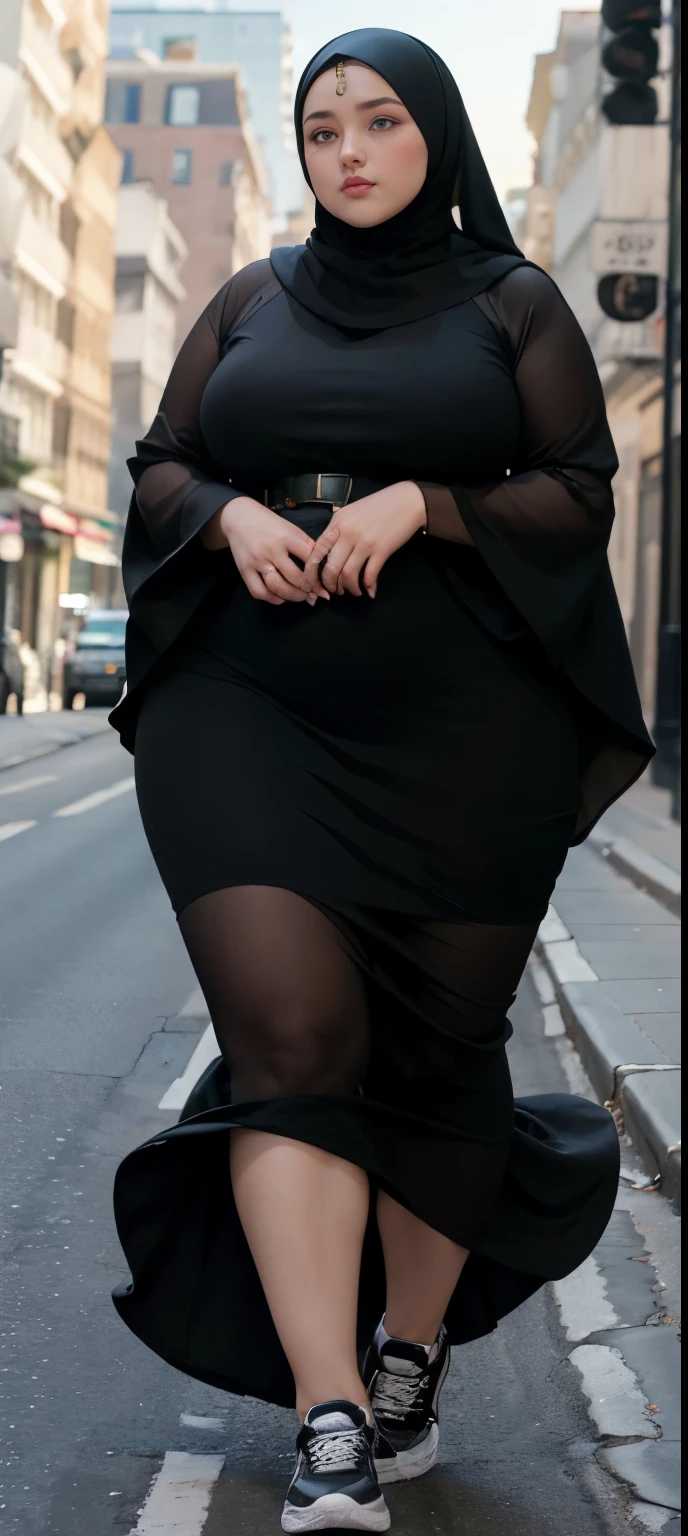 Milky white skin woman in black dress and hijab walking down the street, , hijab outfit, , hijab fashion model, plus size, plus size woman, , woman in black robes, beautiful woman, thicc, black outfit,, bbwchan , white sneakers , Height 170 cm, beautiful woman, with a beautiful appearance, a very beautiful masterpiece, a masterpiece of art, good lighting, Bright colors, Clean lines
