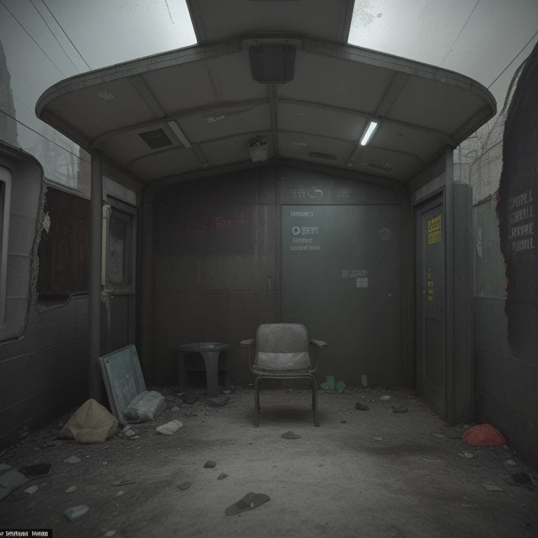 there is a small shelter with a chair in the middle of it, dark city bus stop, soviet bus stop, abandoned bus stop, cyberpunk bus stop, bus stop, with 3 d render, with 3d render, post apocalyptic police station, temporary emergency shelter, abandoned night hangar, post apocalyptic building, bus station, subway station, containment pod, silent hill concept art