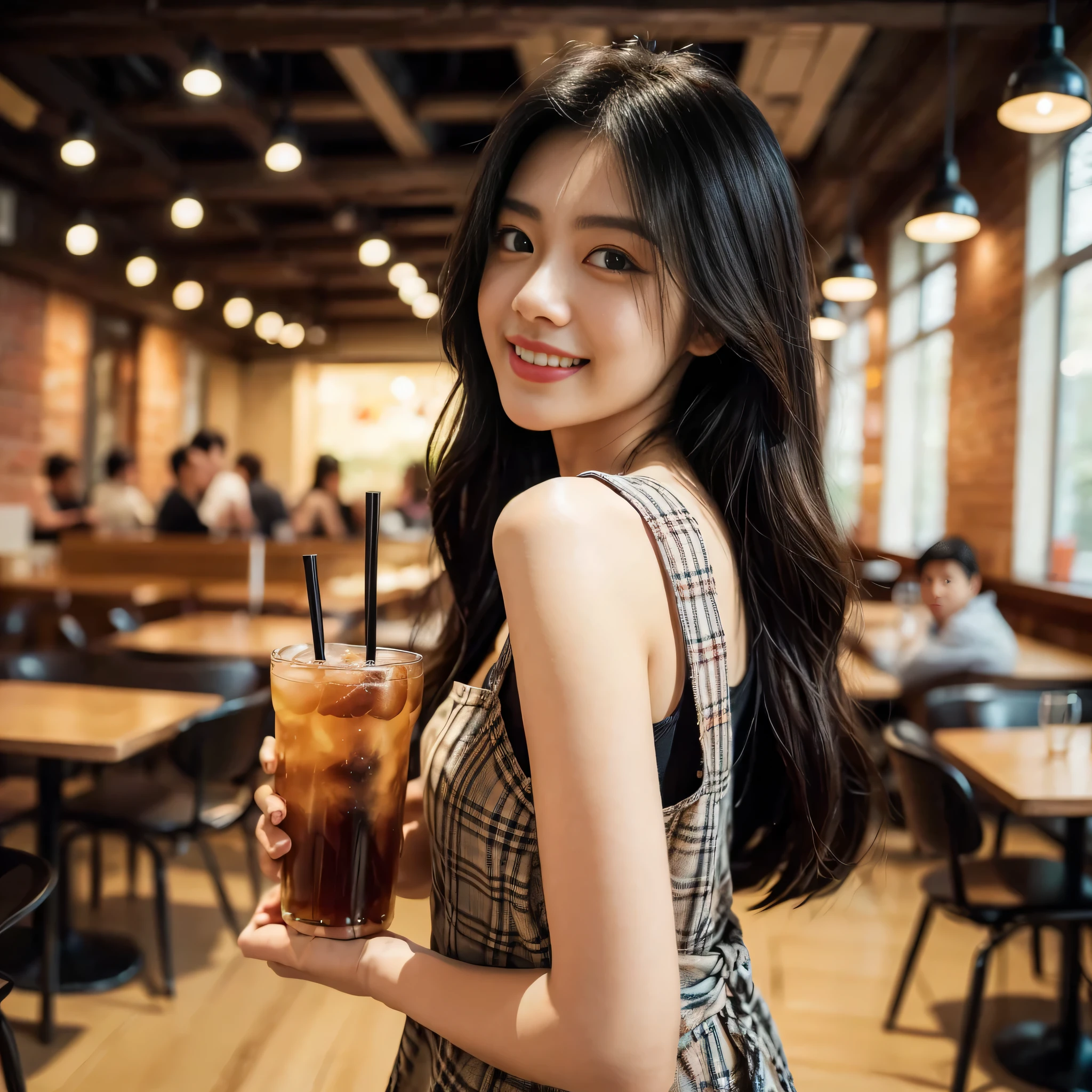 Film photography of a 20-year-old Taiwanese woman, Shoulder-length black hair,Wearing a plaid apron (Rear view), standing with a smile,looking into camera,The left hand holds a clear plastic cup with ice tea and a black straw, Background showing cafe or restaurant interior with tables and chairs, (Warm colors, Warm colors) Bokeh, Professional color gradients, Shot with Sony a6700, Sigma 23mm (35mm FFeqf), Oil mist filter 1/4