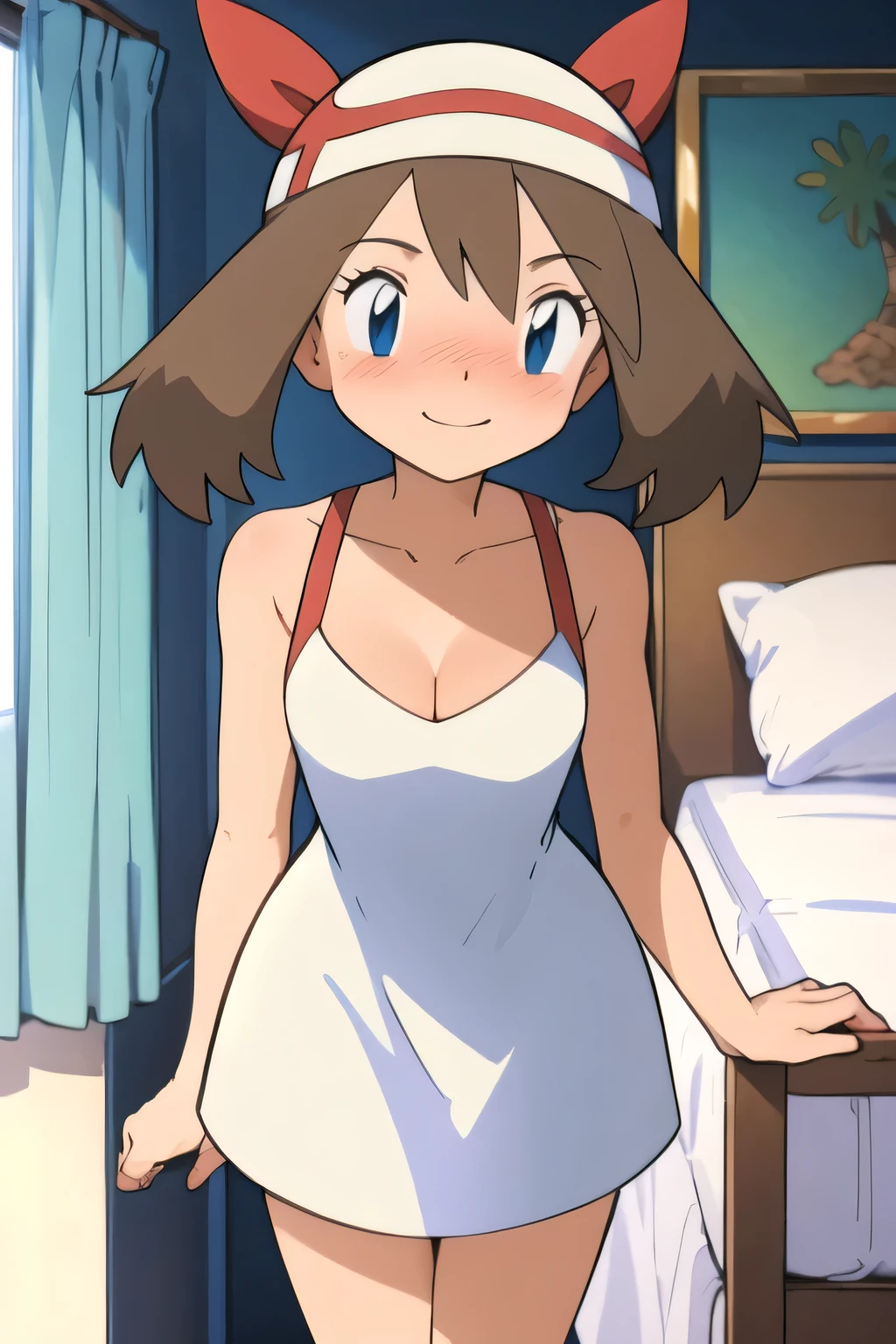 masterpiece, best quality, highres, 1girl, may (pokemon), blush, seductive, bare neck, smile, little white sleeveless dress, bedroom, cleavage, standing
