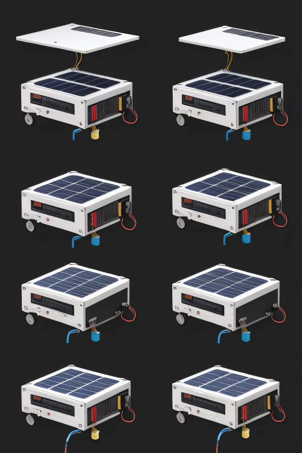 Make me a very explicit drawing of a prototype with these following instructions Steps to Create the Drawing Start with the chassis: Desenhe a base retangular.
Adicione rodas ou esteiras: Desenhe as rodas ou esteiras nos cantos do chassi.
Position the solar panels: Draw two solar panels on the top of the chassis.
Instale sensores de solo: Desenhe sensores na parte inferior do chassi.
Coloque os microcontroladores: Desenhe caixas pequenas representando o Arduino e Raspberry Pi.
Add containers and bombs: Draw a central container and a pump with irrigation tubes.
Detail electronic components: Add batteries and communication modules.