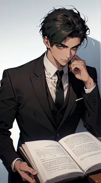 ((a young man in a black suit and tie)), taken in the early 2020s, gotham, alejandro, he looks very sophisticated, (((left side swept black short hair))), (dark green eyes and thick eyebrows), smirk. ((20 years old)), ((Black suite and black tie)), masterpiece, posture dynamic, one person, ((brown skin))