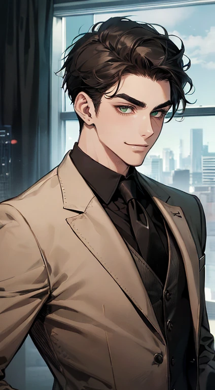 ((a young man in a black suit and tie)), taken in the early 2020s, gotham, alejandro, he looks very sophisticated, (((left side swept black short hair))), (dark green eyes and thick eyebrows), smirk. ((20 years old)), ((Black suite and black tie)), masterpiece, posture dynamic, one person, ((brown skin))