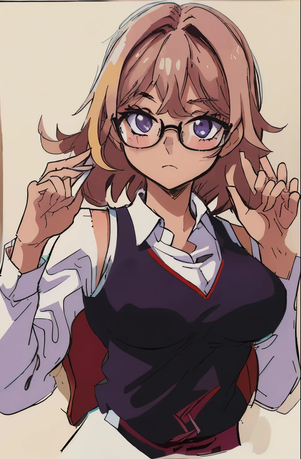 one wearing glasses、Drawing of woman wearing vest, half-body portrait, bust, Clean anime silhouette, bust, clean linework, detailed manga style, wears glasses, Very fine ink line drawing,, Manhwa Style,  Teenage manga portrait