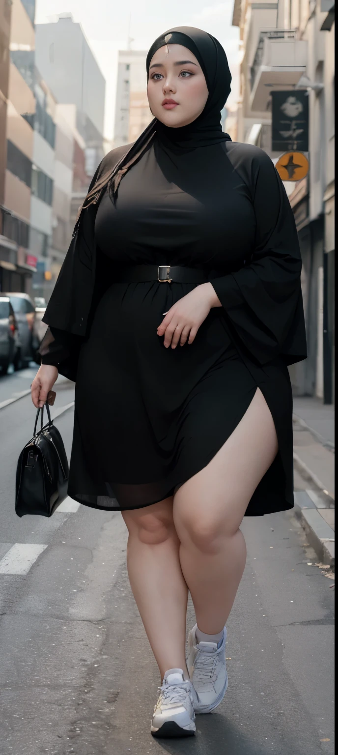 Milky white skin woman in black dress and hijab walking down the street, ,  hijab outfit, ,  hijab fashion model, plus size, plus size woman, ,  woman in black robes, beautiful woman, thicc, black outfit,, bbwchan , white sneakers , Height 170 cm, beautiful woman, with a beautiful appearance, a very beautiful masterpiece, a masterpiece of art, good lighting, Bright colors, Clean lines, .
