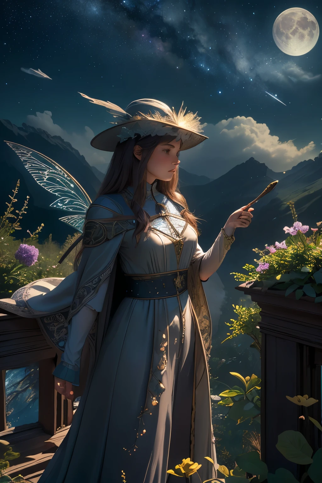 masterpiece, best quality, ultra-detailed, illustration, 1girl, solo, fantasy, flying, broom, night sky, outdoors, magic, spells, moon, stars, clouds, wind, hair, cape, hat, boots, broomstick, glowing, mysterious, enchanting, whimsical, playful, adventurous, , wonder, imagination, determination, skill, speed, movement, energy, realism, naturalistic, figurative, representational, beauty, fantasy culture, mythology, fairy tales, folklore, legends, witches, wizards, magical creatures, fantasy worlds, composition, scale, foreground, middle ground, background, perspective, light, color, texture, detail, beauty, wonder.
